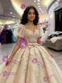 Champagne Tulle Puff Sleeve Appliques Quinceanera Dress