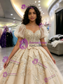 Champagne Tulle Puff Sleeve Appliques Quinceanera Dress
