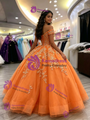 Orange Tulle Off the Shoulder Appliques Quinceanera Dress