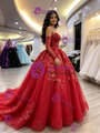 Red Tulle Strapless Appliques Quinceanera Dress