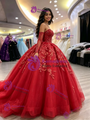 Red Tulle Strapless Appliques Quinceanera Dress