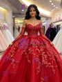 Red Tulle Strapless Appliques Quinceanera Dress