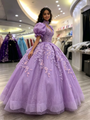 Purple Tulle Puff Sleeve Appliques Quinceanera Dress