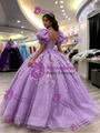 Purple Tulle Puff Sleeve Appliques Quinceanera Dress