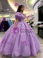Purple Tulle Puff Sleeve Appliques Quinceanera Dress