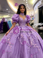 Purple Tulle Puff Sleeve Appliques Quinceanera Dress