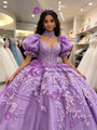 Purple Tulle Puff Sleeve Appliques Quinceanera Dress