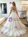 Simple White Tulle V-Neck Puff Sleeve Wedding Dress