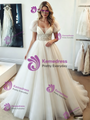Simple White Tulle V-Neck Puff Sleeve Wedding Dress
