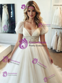 Simple White Tulle V-Neck Puff Sleeve Wedding Dress