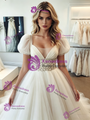Simple White Tulle V-Neck Puff Sleeve Wedding Dress