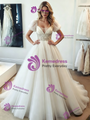 Simple White Tulle V-Neck Puff Sleeve Wedding Dress