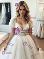 Simple White Tulle V-Neck Puff Sleeve Wedding Dress