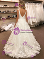 White Tulle V-Neck 3D Flower Wedding Dress