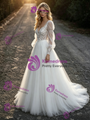 White Tulle Lace Square Neck Long Sleeve Wedding Dress