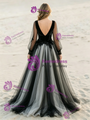 Black Tulle V-neck Long Sleeve Appliques Wedding Dress