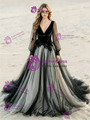 Black Tulle V-neck Long Sleeve Appliques Wedding Dress