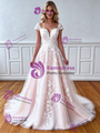 Champagne Tulle Appliques Cap Sleeve Wedding Dress