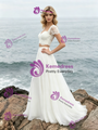 Champagne Tulle Appliques Cap Sleeve Wedding Dress