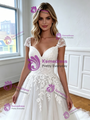 A-Line White Tulle Lace Appliques Wedding Dress