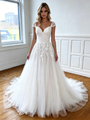 A-Line White Tulle Lace Appliques Wedding Dress