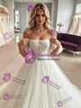 White Tulle Appliques Puff Sleeve Wedding Dress