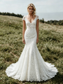 Sexy White Mermaid Lace V-Neck Cap Sleeve Wedding Dress