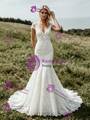 Sexy White Mermaid Lace V-Neck Cap Sleeve Wedding Dress