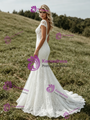 Sexy White Mermaid Lace V-Neck Cap Sleeve Wedding Dress