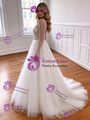 White Tulle V-neck Long Sleeve Wedding Dress