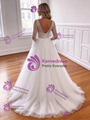 White Tulle V-neck Long Sleeve Wedding Dress