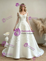 White Long Sleeve Square Neck Flower Wedding Dress