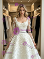 White Long Sleeve Square Neck Flower Wedding Dress