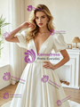 White Satin Puff Sleeve Pleats Wedding Dress