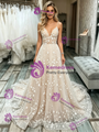 Champagne Lace Spaghetti Straps Wedding Dress