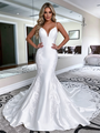 Sexy White Mermaid Satin Lace Spaghetti Straps Wedding Dress
