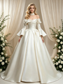 Ivory Satin Long Sleeve Pleats Wedding Dress