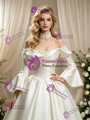 Ivory Satin Long Sleeve Pleats Wedding Dress