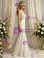 Beige Mermaid Tulle Lace V-Neck Wedding Dress