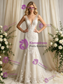 Beige Mermaid Tulle Lace V-Neck Wedding Dress
