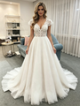 Simple White Tulle V-Neck Lace Cap Sleeve Wedding Dress