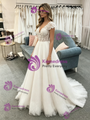 Simple White Tulle V-Neck Lace Cap Sleeve Wedding Dress