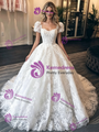 White Lace Square Neck Puff Sleeve Wedding Dress