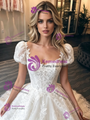 White Lace Square Neck Puff Sleeve Wedding Dress