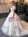 White Lace Square Neck Puff Sleeve Wedding Dress