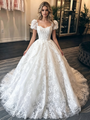 White Lace Square Neck Puff Sleeve Wedding Dress