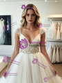 White V-neck Tulle Beading Wedding Dress