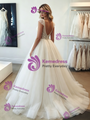 White V-neck Tulle Beading Wedding Dress