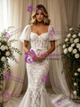 White Mermaid Lace Square Neck Puff Sleeve Wedding Dress