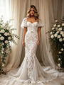 White Mermaid Lace Square Neck Puff Sleeve Wedding Dress